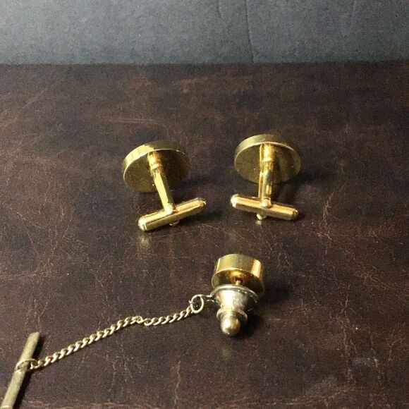 Vintage Cuff links and tie tack gold and hot pink - Picture 5 of 5